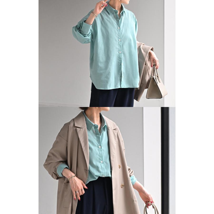 シャツ レディース リネン 風 洗濯機 可能 トップス 接触冷感 イージーケア ブラウス ロング ロングシャツ 麻 風 無地 羽織 ライトアウター きれいめ ゆったり | HUG.U | 23