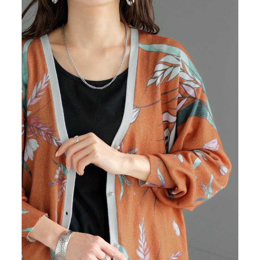 ニット 花柄 カーディガン 綿100％ レディース カーデ 柄 トップス オーバー ロング ニットカーディガン | HUG.U | 15