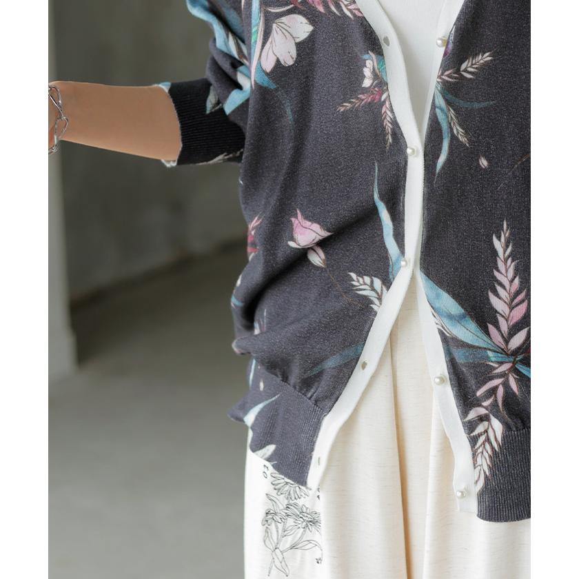 ニット 花柄 カーディガン 綿100％ レディース カーデ 柄 トップス オーバー ロング ニットカーディガン | HUG.U | 19