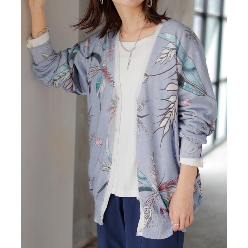 ニット 花柄 カーディガン 綿100％ レディース カーデ 柄 トップス オーバー ロング ニットカーディガン | HUG.U | 21