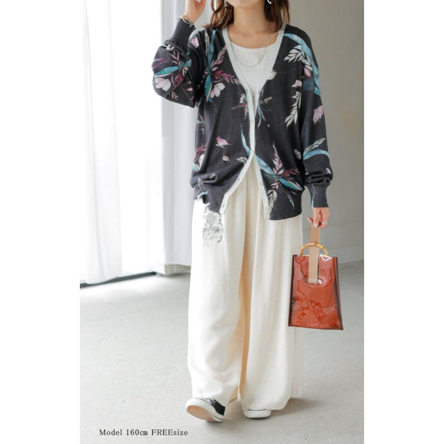 ニット 花柄 カーディガン 綿100％ レディース カーデ 柄 トップス オーバー ロング ニットカーディガン | HUG.U | 06