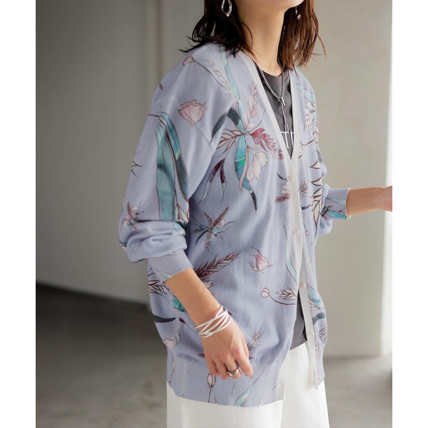 ニット 花柄 カーディガン 綿100％ レディース カーデ 柄 トップス オーバー ロング ニットカーディガン | HUG.U | 07