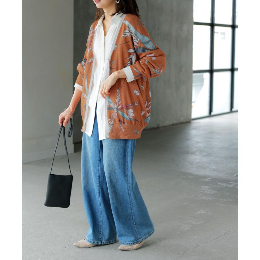 ニット 花柄 カーディガン 綿100％ レディース カーデ 柄 トップス オーバー ロング ニットカーディガン | HUG.U | 08