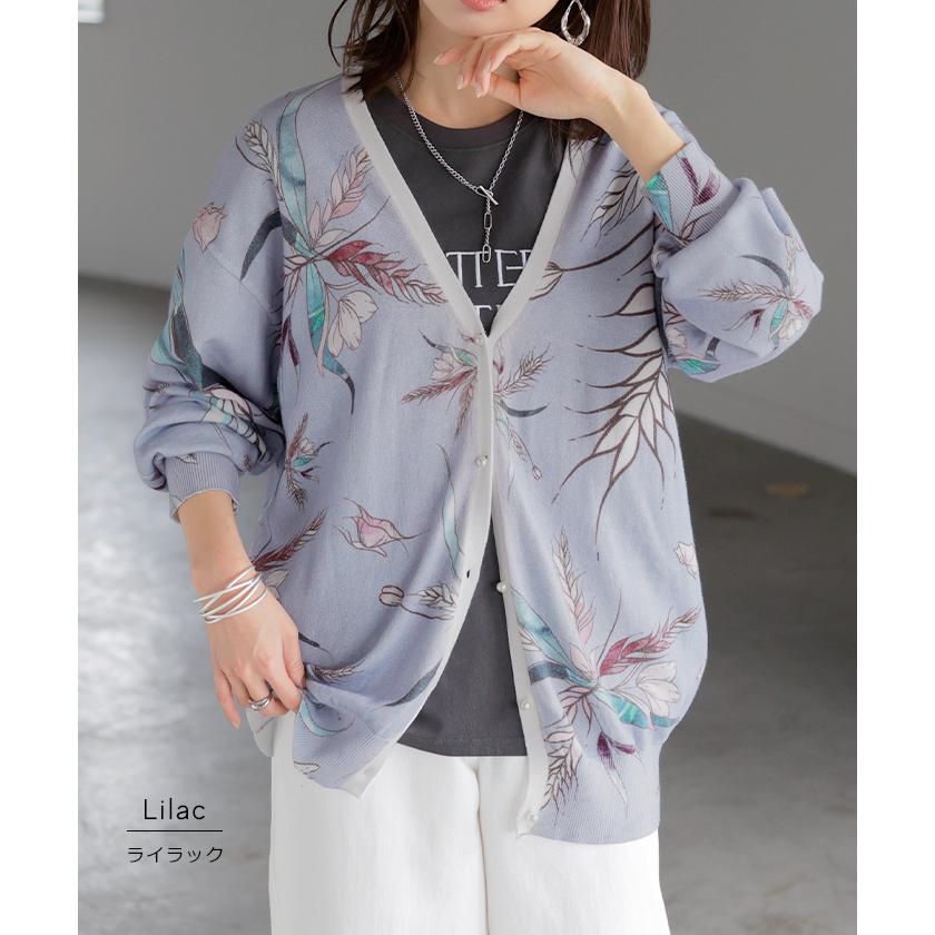 ニット 花柄 カーディガン 綿100％ レディース カーデ 柄 トップス オーバー ロング ニットカーディガン | HUG.U | 11