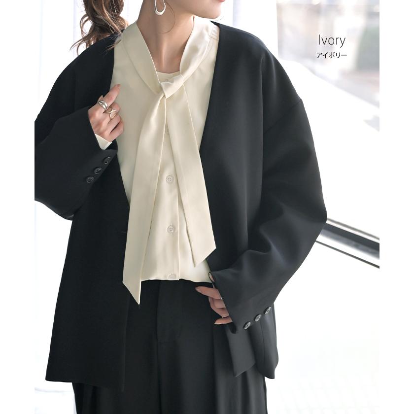 ブラウス ボウタイ トップス シャツ ロング ロングシャツ チュニック 長袖 無地 リボン ボリュームスリーブ きれいめ ゆったり | HUG.U | 16