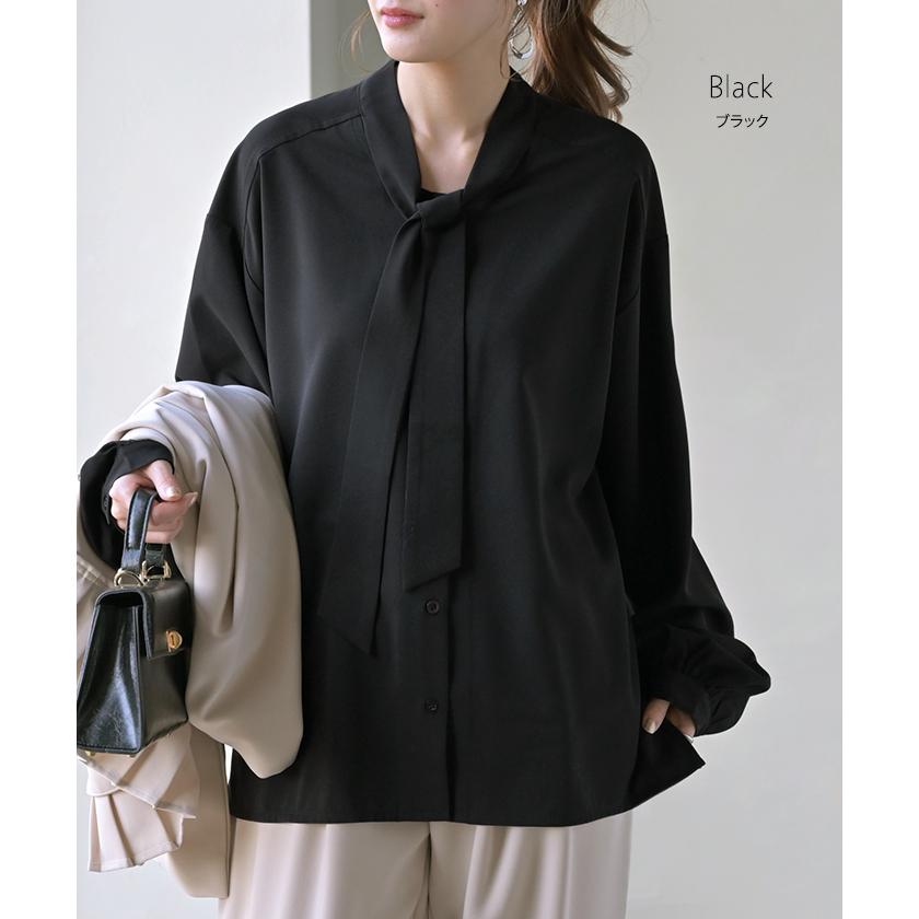ブラウス ボウタイ トップス シャツ ロング ロングシャツ チュニック 長袖 無地 リボン ボリュームスリーブ きれいめ ゆったり | HUG.U | 18