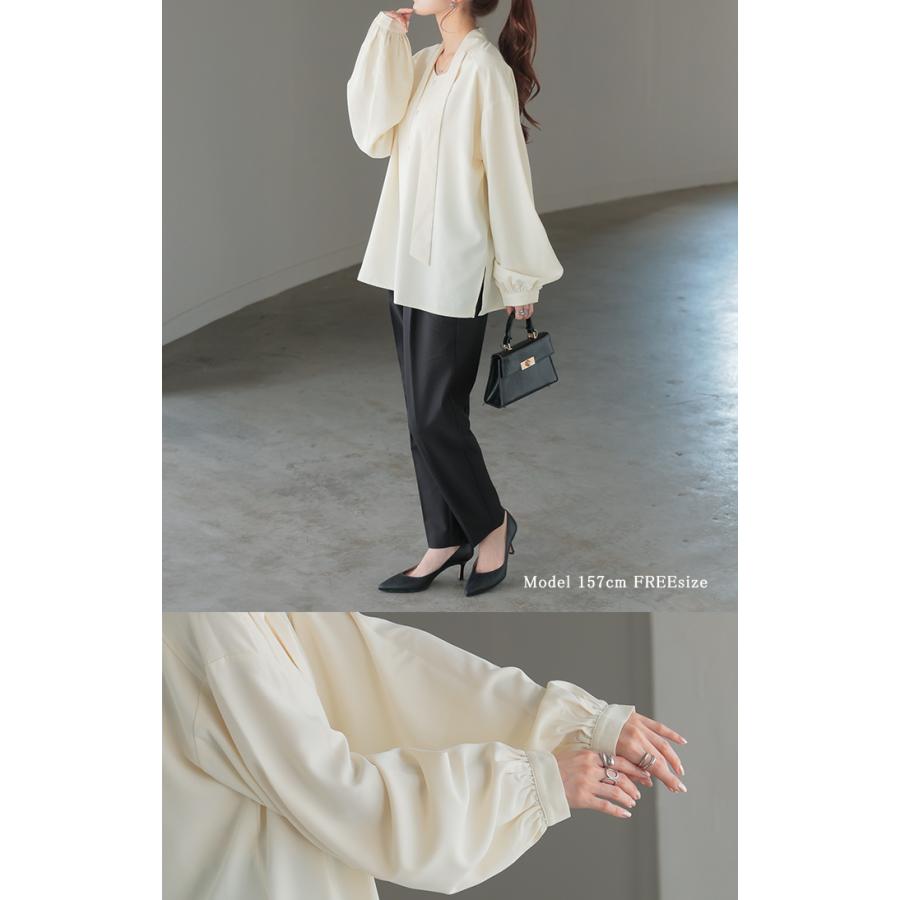 ブラウス ボウタイ トップス シャツ ロング ロングシャツ チュニック 長袖 無地 リボン ボリュームスリーブ きれいめ ゆったり | HUG.U | 19
