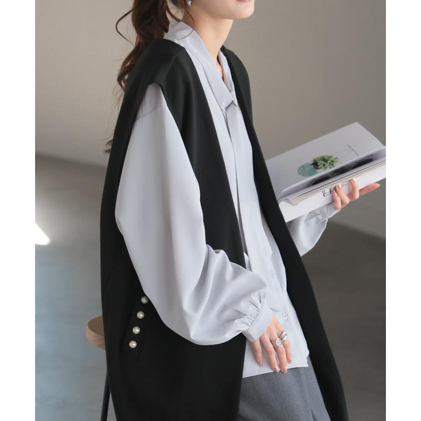 ブラウス ボウタイ トップス シャツ ロング ロングシャツ チュニック 長袖 無地 リボン ボリュームスリーブ きれいめ ゆったり | HUG.U | 20