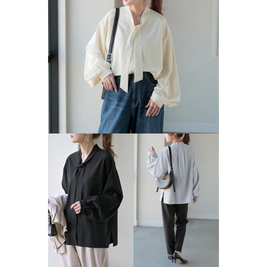 ブラウス ボウタイ トップス シャツ ロング ロングシャツ チュニック 長袖 無地 リボン ボリュームスリーブ きれいめ ゆったり | HUG.U | 21