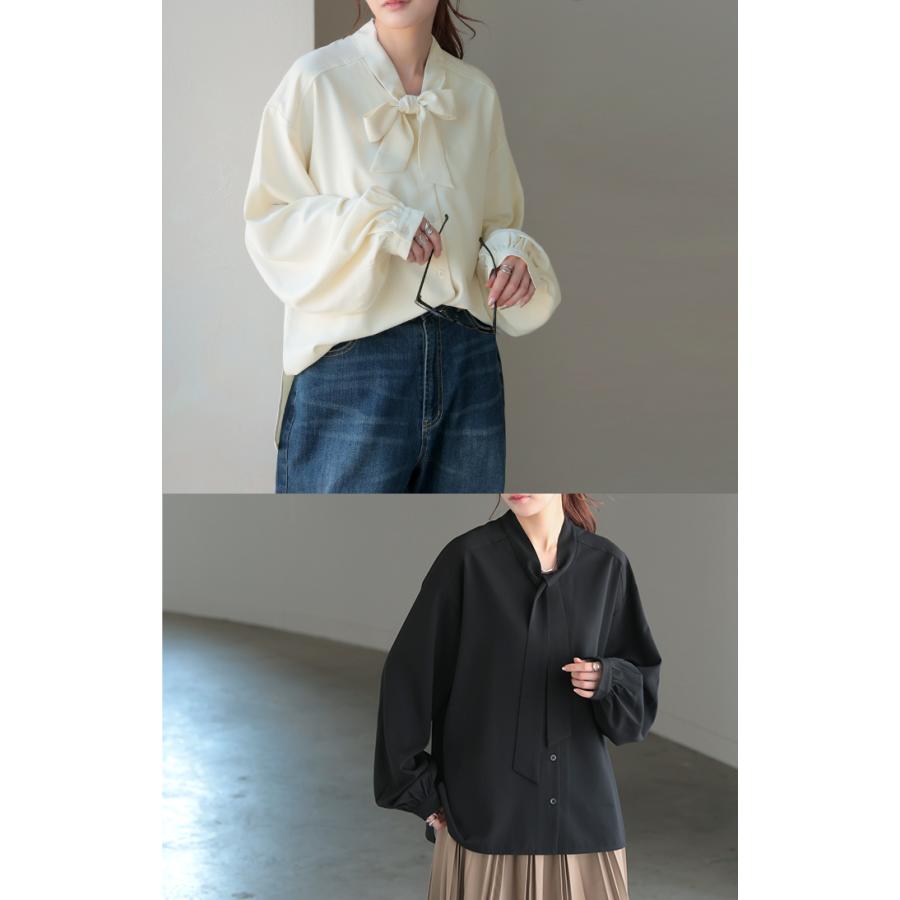 ブラウス ボウタイ トップス シャツ ロング ロングシャツ チュニック 長袖 無地 リボン ボリュームスリーブ きれいめ ゆったり | HUG.U | 06