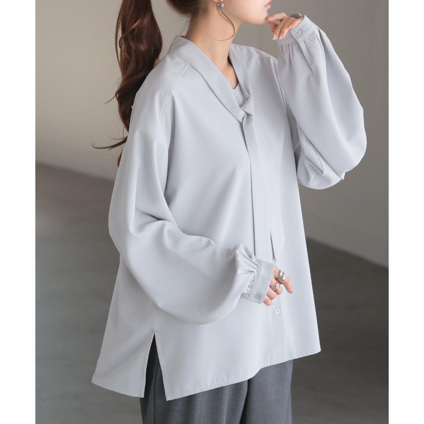 ブラウス ボウタイ トップス シャツ ロング ロングシャツ チュニック 長袖 無地 リボン ボリュームスリーブ きれいめ ゆったり | HUG.U | 08