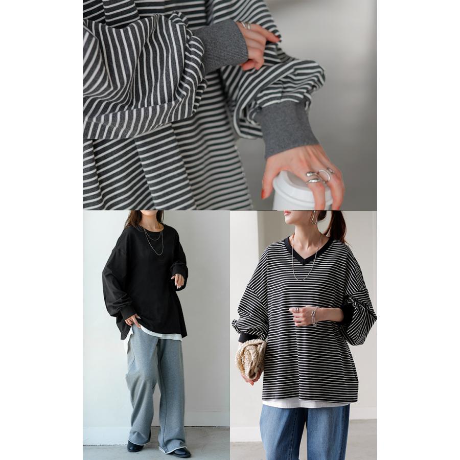 トップス レディース 長袖 Tシャツ カットソー ロング ティーシャツ チュニック ビッグ Vネック クルーネック 長い ドルマン ゆったり 無地 体型カバー | HUG.U | 19