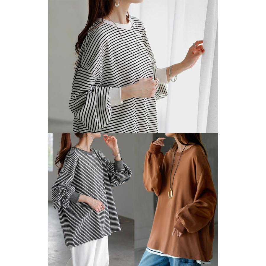 トップス レディース 長袖 Tシャツ カットソー ロング ティーシャツ チュニック ビッグ Vネック クルーネック 長い ドルマン ゆったり 無地 体型カバー | HUG.U | 22