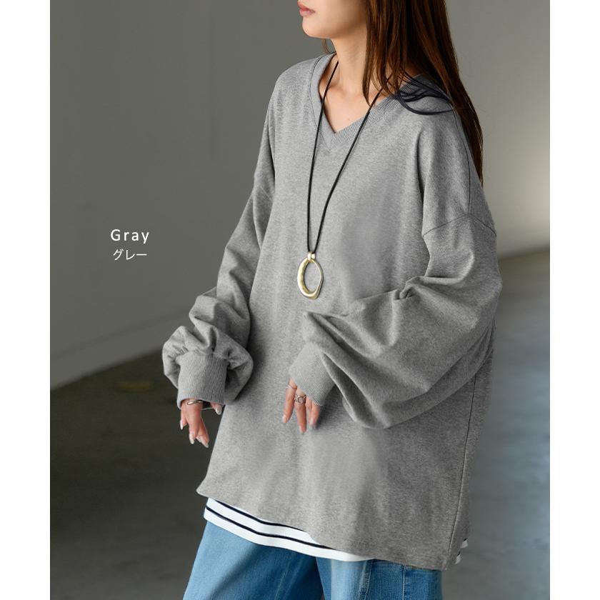 トップス レディース 長袖 Tシャツ カットソー ロング ティーシャツ チュニック ビッグ Vネック クルーネック 長い ドルマン ゆったり 無地 体型カバー | HUG.U | 28