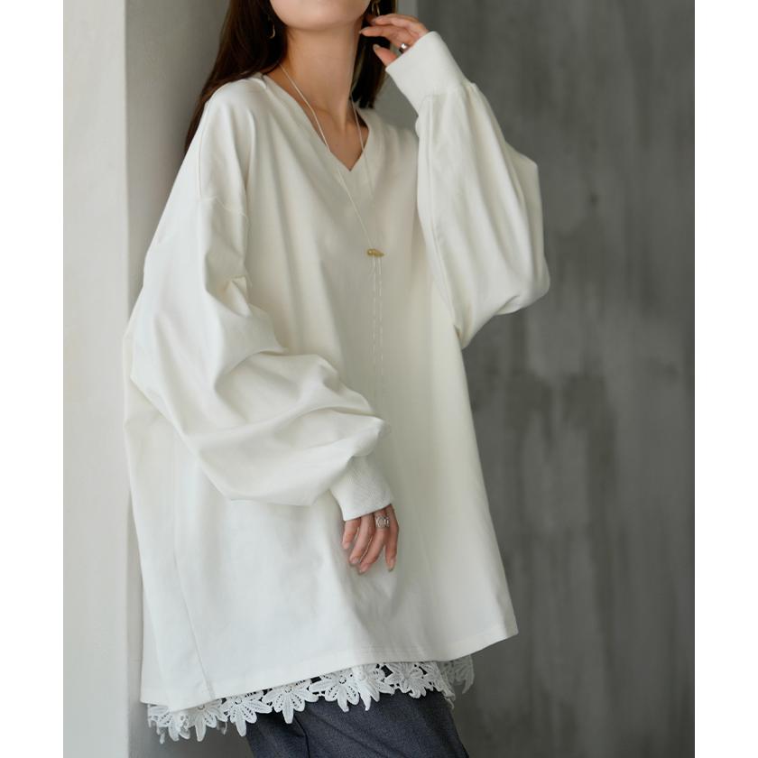 トップス レディース 長袖 Tシャツ カットソー ロング ティーシャツ チュニック ビッグ Vネック クルーネック 長い ドルマン ゆったり 無地 体型カバー | HUG.U | 14