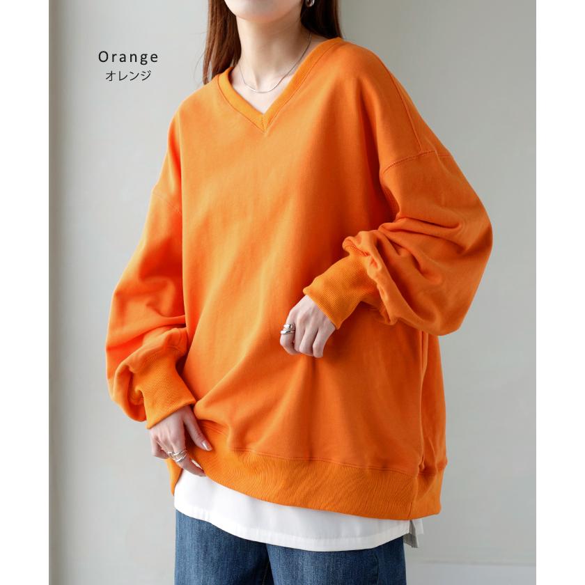 スウェット チュニック 綿100 レディース トップス ロング トレーナー オーバー プルオーバー 無地 長袖 長い ドルマン Vネック | HUG.U | 19