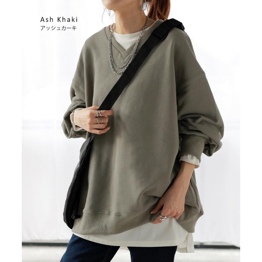 スウェット チュニック 綿100 レディース トップス ロング トレーナー オーバー プルオーバー 無地 長袖 長い ドルマン Vネック | HUG.U | 20