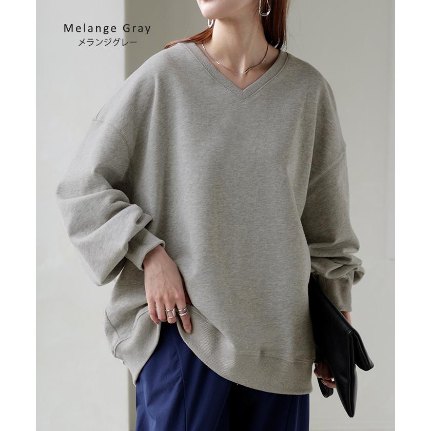 スウェット チュニック 綿100 レディース トップス ロング トレーナー オーバー プルオーバー 無地 長袖 長い ドルマン Vネック | HUG.U | 23
