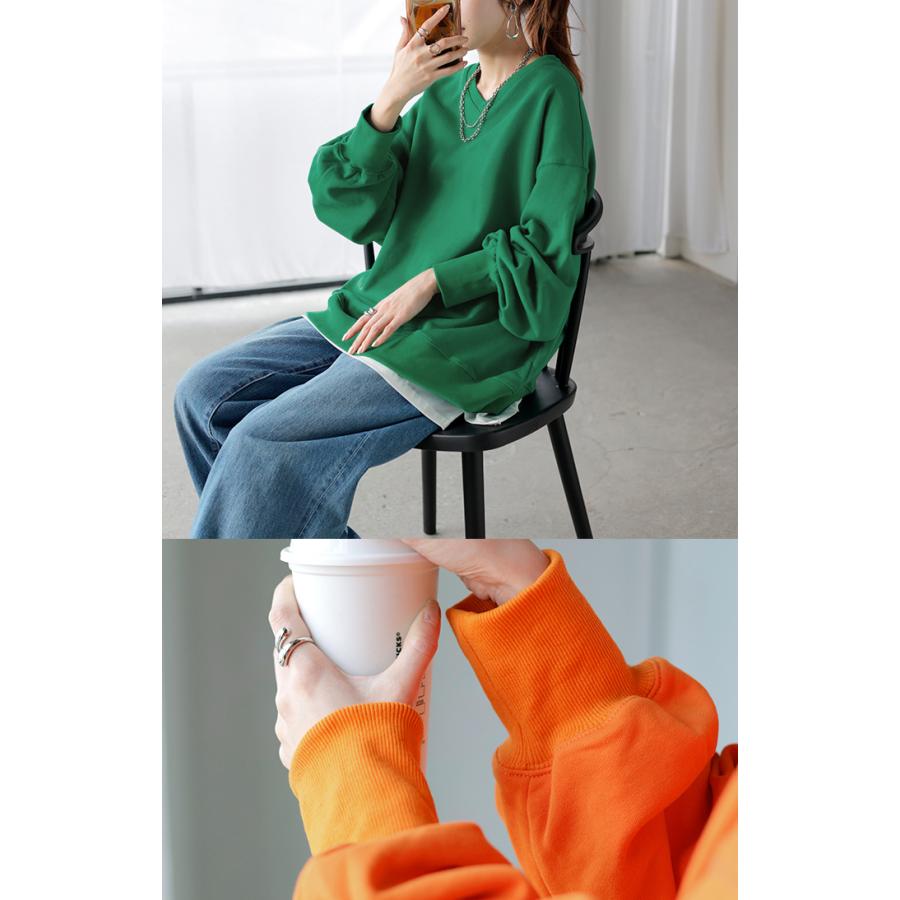 スウェット チュニック 綿100 レディース トップス ロング トレーナー オーバー プルオーバー 無地 長袖 長い ドルマン Vネック | HUG.U | 28