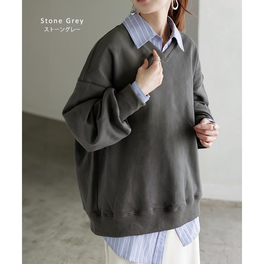 スウェット チュニック 綿100 レディース トップス ロング トレーナー オーバー プルオーバー 無地 長袖 長い ドルマン Vネック | HUG.U | 29