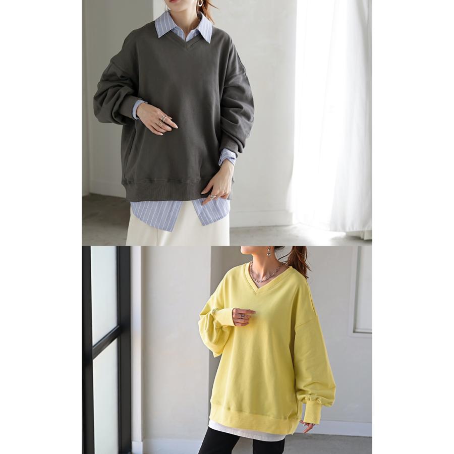 スウェット チュニック 綿100 レディース トップス ロング トレーナー オーバー プルオーバー 無地 長袖 長い ドルマン Vネック | HUG.U | 16