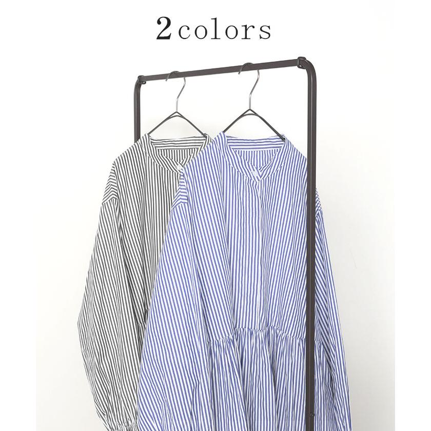 ワンピース シャツ 大判 ストライプ シャツワンピース ノーカラ― シャツワンピ レディース ロング ロングワンピース | HUG.U | 11