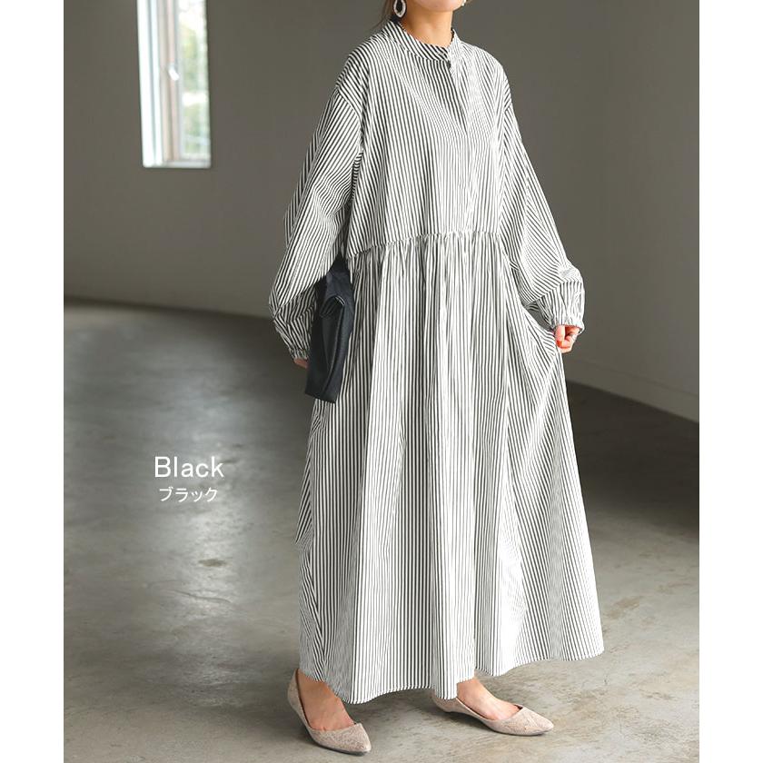 ワンピース シャツ 大判 ストライプ シャツワンピース ノーカラ― シャツワンピ レディース ロング ロングワンピース | HUG.U | 13