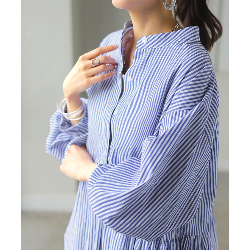 ワンピース シャツ 大判 ストライプ シャツワンピース ノーカラ― シャツワンピ レディース ロング ロングワンピース | HUG.U | 16