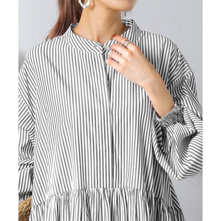 ワンピース シャツ 大判 ストライプ シャツワンピース ノーカラ― シャツワンピ レディース ロング ロングワンピース | HUG.U | 18