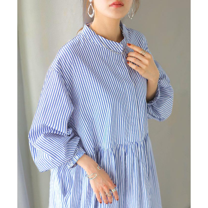 ワンピース シャツ 大判 ストライプ シャツワンピース ノーカラ― シャツワンピ レディース ロング ロングワンピース | HUG.U | 10