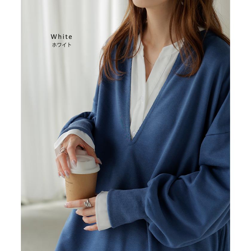 ワンピース シャツ チュニック ノーカラー レディース トップス バンドカラー ブラウス ロング ロングシャツ Vネック シフォン シワになりにくい レイヤード | HUG.U | 13