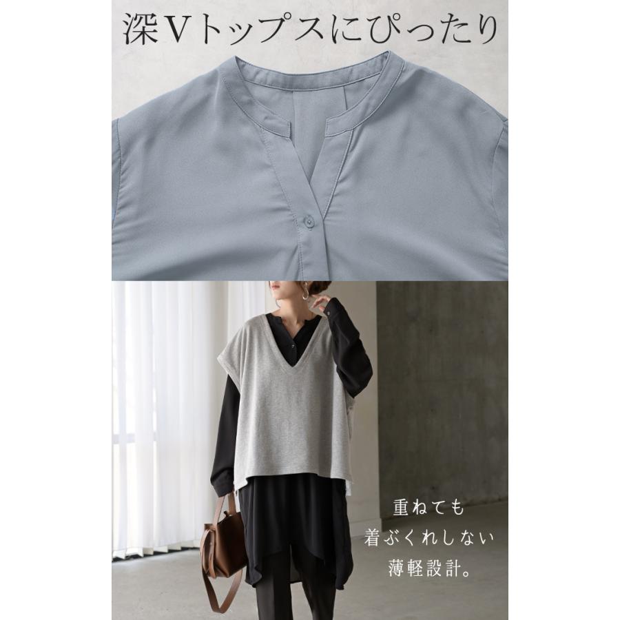 ワンピース シャツ チュニック ノーカラー レディース トップス バンドカラー ブラウス ロング ロングシャツ Vネック シフォン シワになりにくい レイヤード | HUG.U | 14