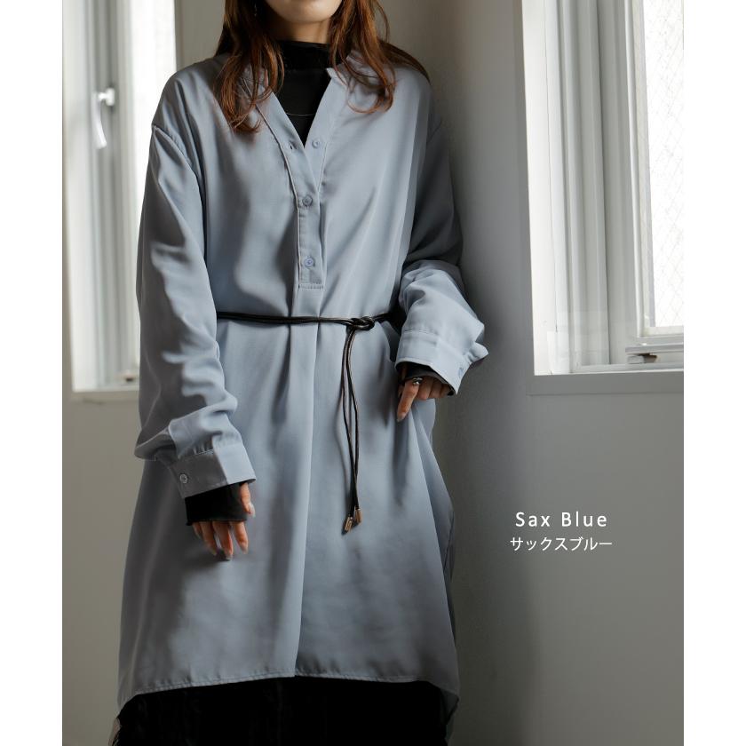 ワンピース シャツ チュニック ノーカラー レディース トップス バンドカラー ブラウス ロング ロングシャツ Vネック シフォン シワになりにくい レイヤード | HUG.U | 15