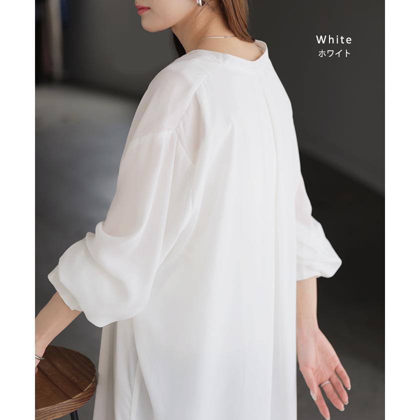 ワンピース シャツ チュニック ノーカラー レディース トップス バンドカラー ブラウス ロング ロングシャツ Vネック シフォン シワになりにくい レイヤード | HUG.U | 15