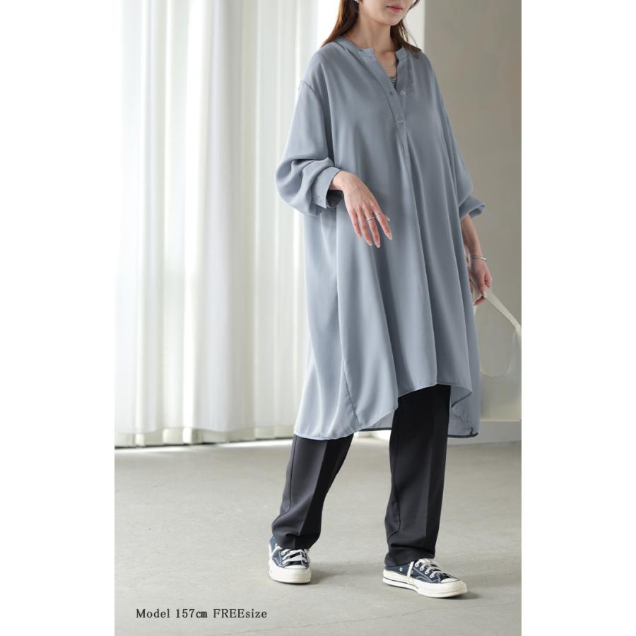 ワンピース シャツ チュニック ノーカラー レディース トップス バンドカラー ブラウス ロング ロングシャツ Vネック シフォン シワになりにくい レイヤード | HUG.U | 16