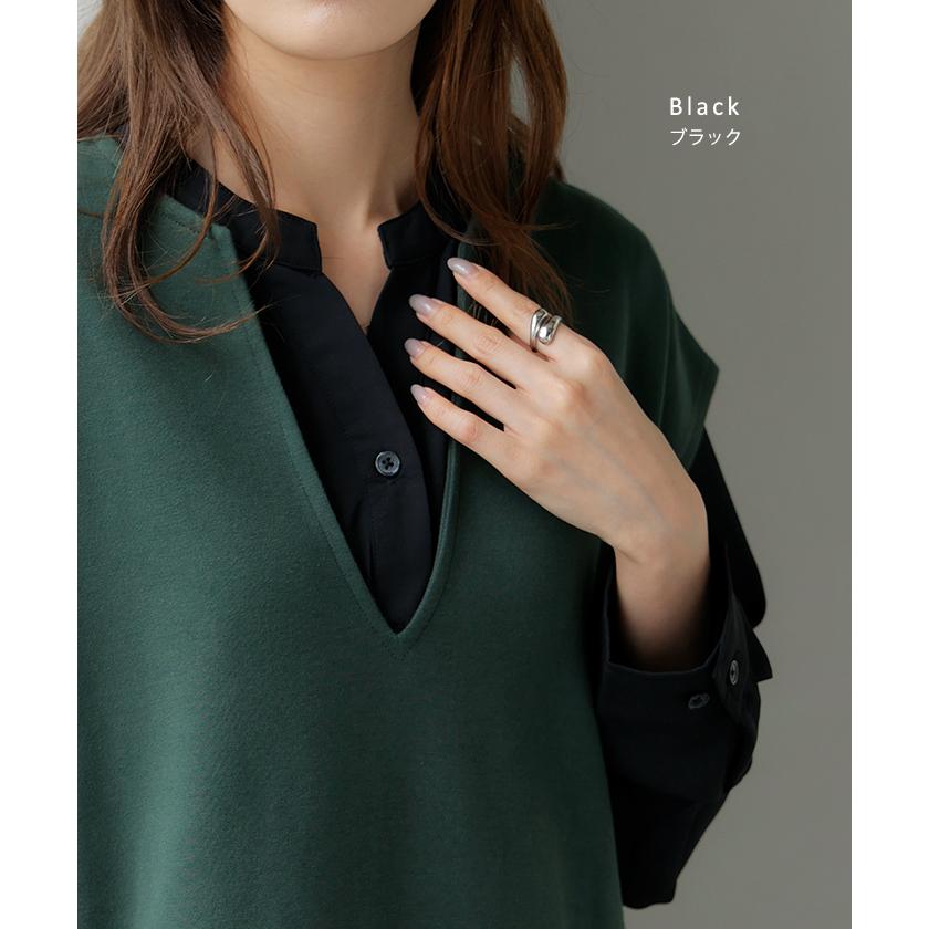 ワンピース シャツ チュニック ノーカラー レディース トップス バンドカラー ブラウス ロング ロングシャツ Vネック シフォン シワになりにくい レイヤード | HUG.U | 17