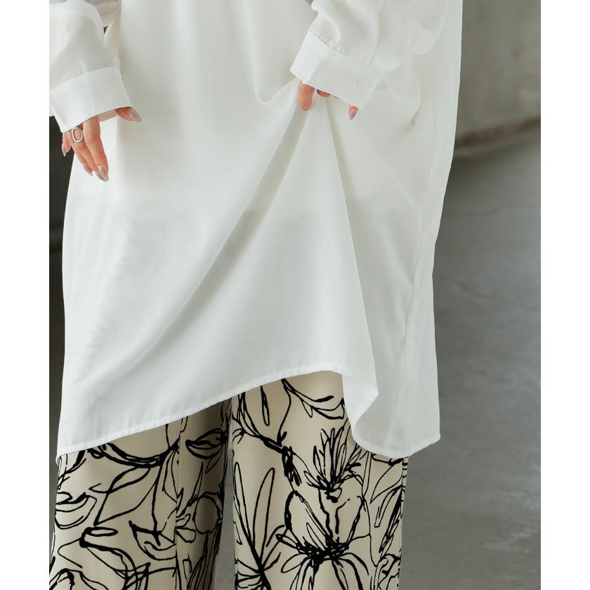 ワンピース シャツ チュニック ノーカラー レディース トップス バンドカラー ブラウス ロング ロングシャツ Vネック シフォン シワになりにくい レイヤード | HUG.U | 19