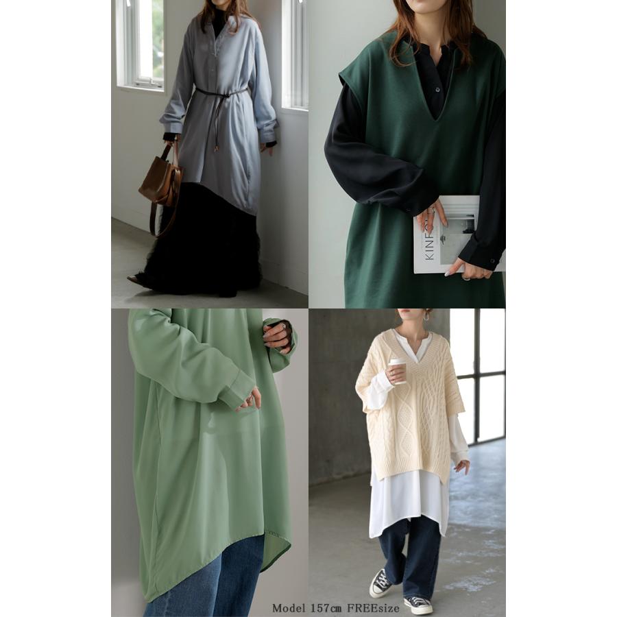 ワンピース シャツ チュニック ノーカラー レディース トップス バンドカラー ブラウス ロング ロングシャツ Vネック シフォン シワになりにくい レイヤード | HUG.U | 21