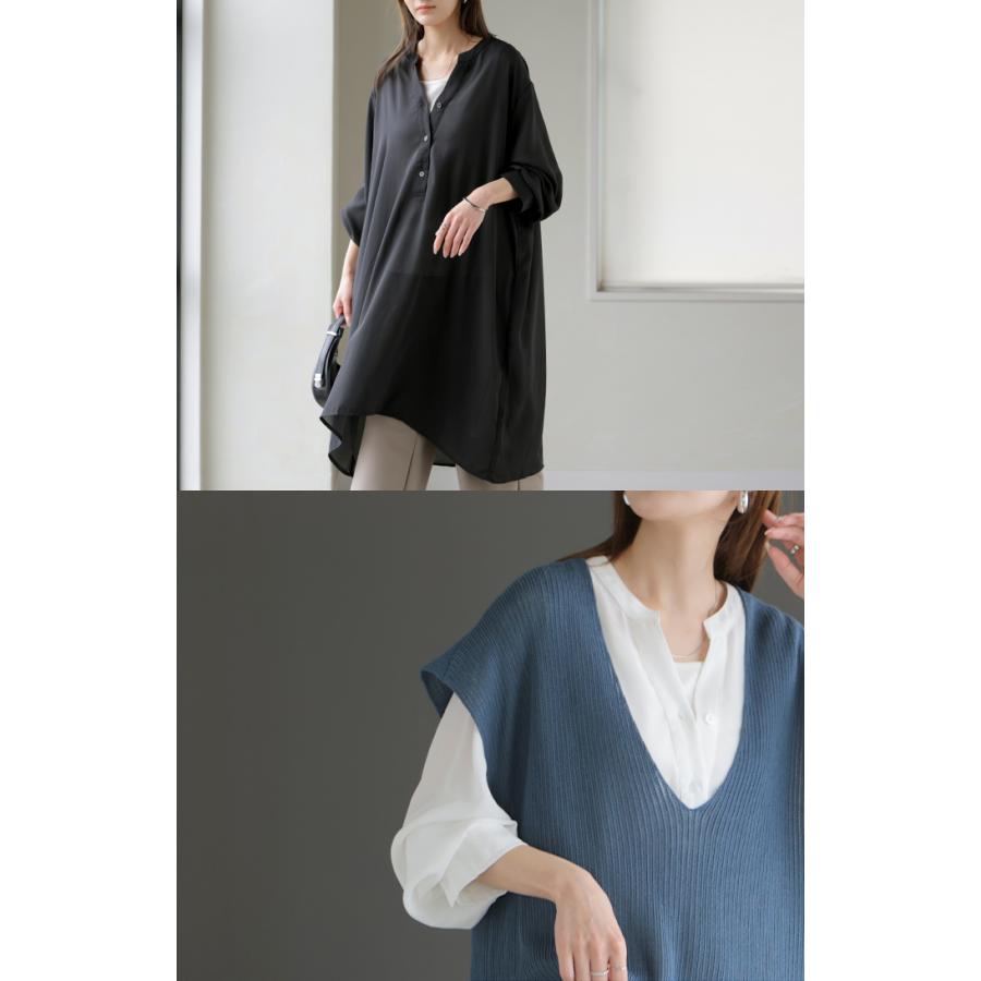 ワンピース シャツ チュニック ノーカラー レディース トップス バンドカラー ブラウス ロング ロングシャツ Vネック シフォン シワになりにくい レイヤード | HUG.U | 21