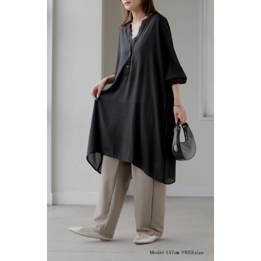 ワンピース シャツ チュニック ノーカラー レディース トップス バンドカラー ブラウス ロング ロングシャツ Vネック シフォン シワになりにくい レイヤード | HUG.U | 23