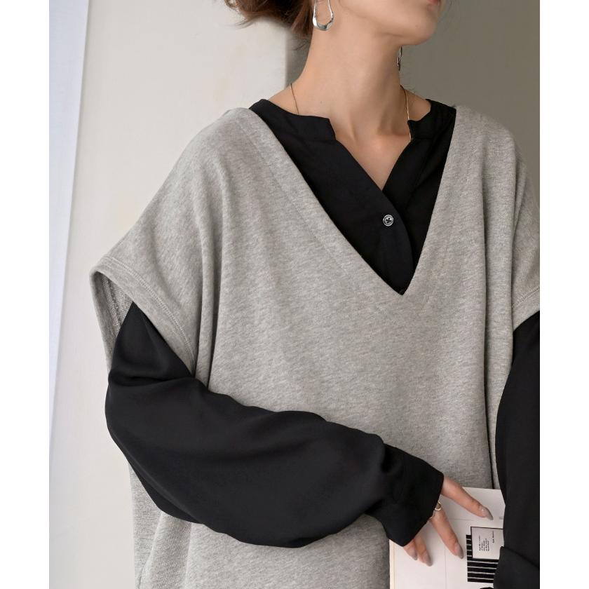 ワンピース シャツ チュニック ノーカラー レディース トップス バンドカラー ブラウス ロング ロングシャツ Vネック シフォン シワになりにくい レイヤード | HUG.U | 06