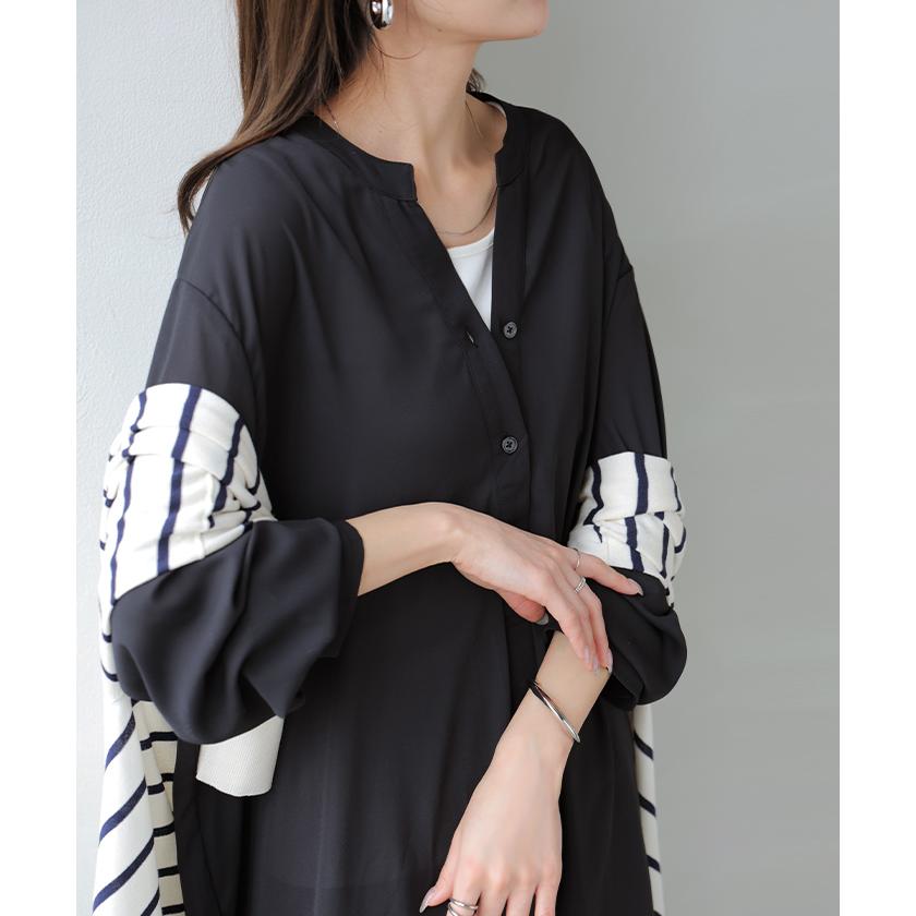 ワンピース シャツ チュニック ノーカラー レディース トップス バンドカラー ブラウス ロング ロングシャツ Vネック シフォン シワになりにくい レイヤード | HUG.U | 06