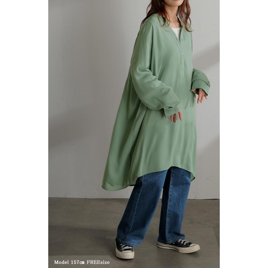ワンピース シャツ チュニック ノーカラー レディース トップス バンドカラー ブラウス ロング ロングシャツ Vネック シフォン シワになりにくい レイヤード | HUG.U | 07