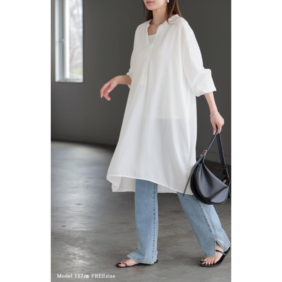 ワンピース シャツ チュニック ノーカラー レディース トップス バンドカラー ブラウス ロング ロングシャツ Vネック シフォン シワになりにくい レイヤード | HUG.U | 07