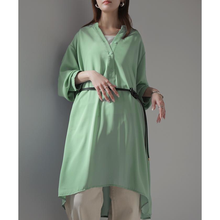 ワンピース シャツ チュニック ノーカラー レディース トップス バンドカラー ブラウス ロング ロングシャツ Vネック シフォン シワになりにくい レイヤード | HUG.U | 08