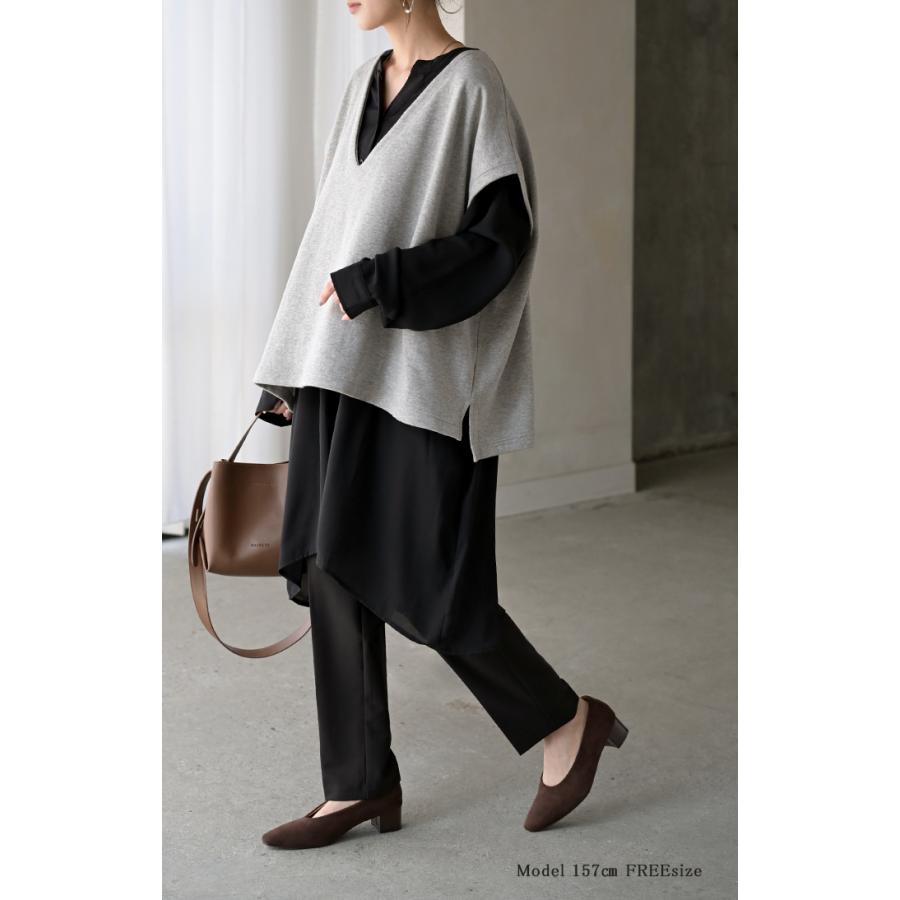 ワンピース シャツ チュニック ノーカラー レディース トップス バンドカラー ブラウス ロング ロングシャツ Vネック シフォン シワになりにくい レイヤード | HUG.U | 10