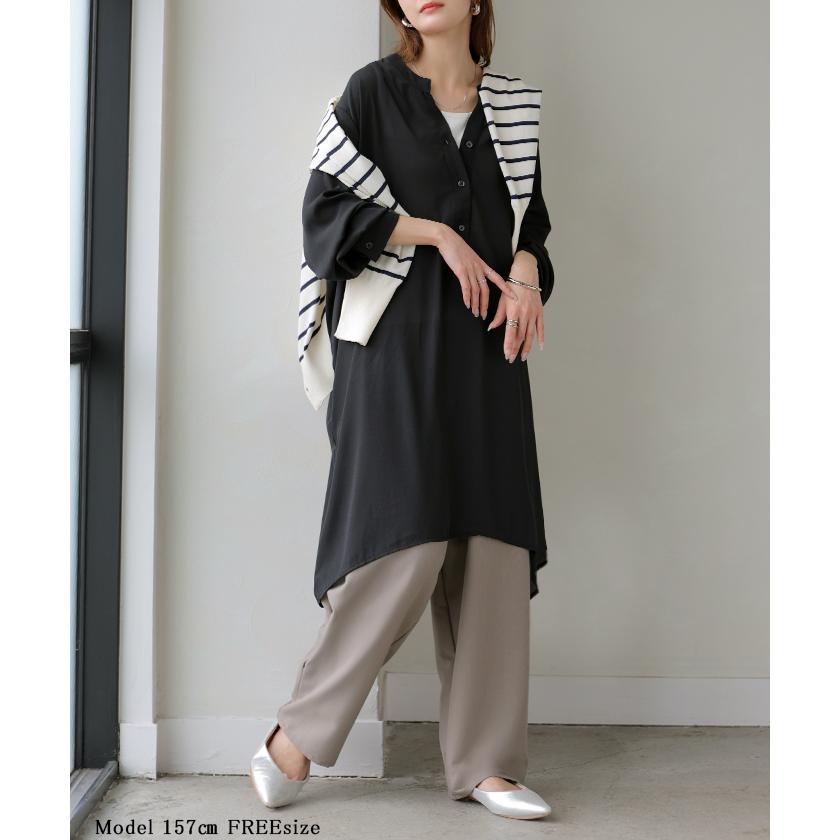 ワンピース シャツ チュニック ノーカラー レディース トップス バンドカラー ブラウス ロング ロングシャツ Vネック シフォン シワになりにくい レイヤード | HUG.U | 10