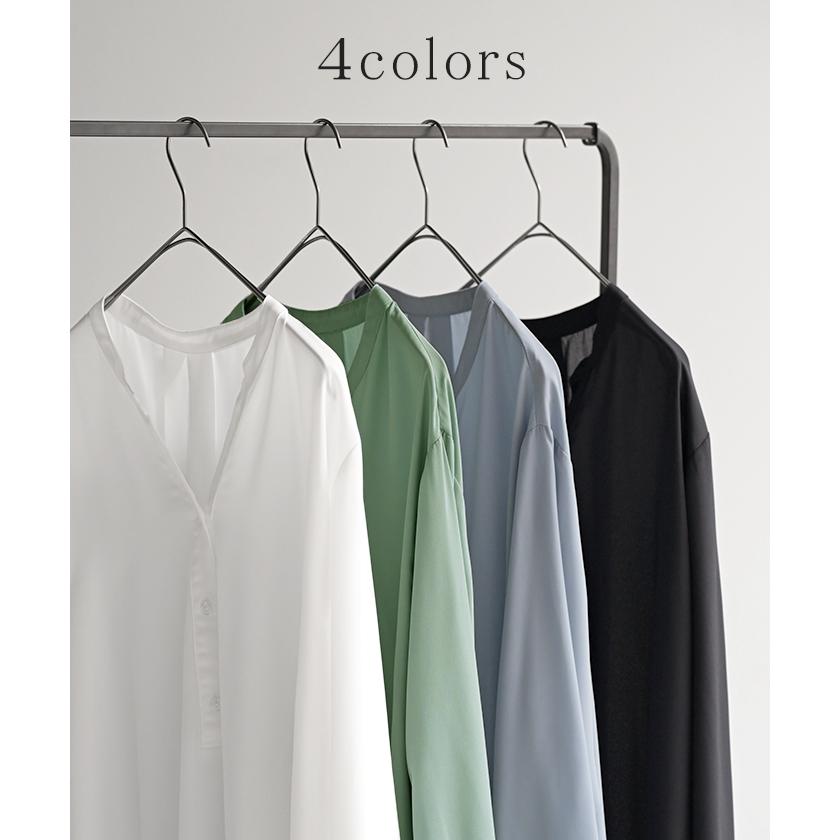 ワンピース シャツ チュニック ノーカラー レディース トップス バンドカラー ブラウス ロング ロングシャツ Vネック シフォン シワになりにくい レイヤード | HUG.U | 11