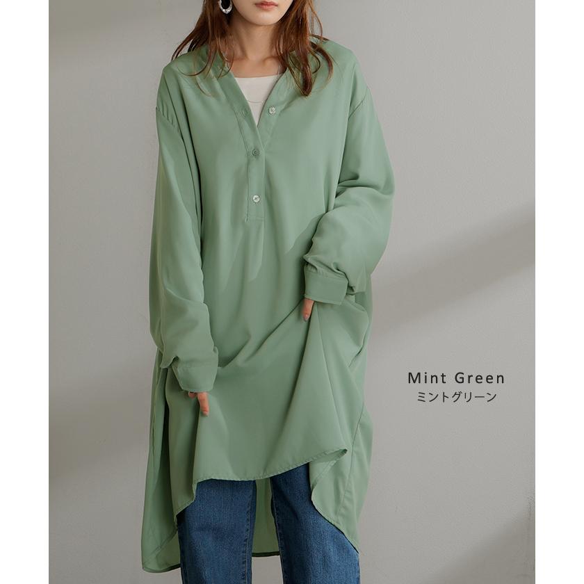 ワンピース シャツ チュニック ノーカラー レディース トップス バンドカラー ブラウス ロング ロングシャツ Vネック シフォン シワになりにくい レイヤード | HUG.U | 12