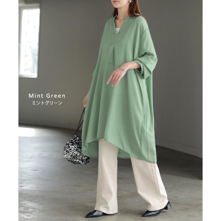 ワンピース シャツ チュニック ノーカラー レディース トップス バンドカラー ブラウス ロング ロングシャツ Vネック シフォン シワになりにくい レイヤード | HUG.U | 12